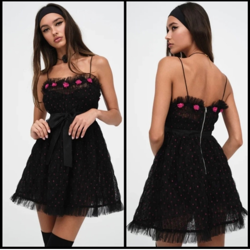 For Love & Lemons Black Tulle Mini Dress Floral Appliqué Fit & Flare NWT
